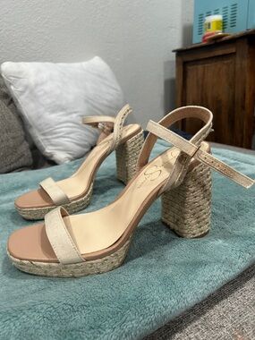 Jessica Simpson Cream Linen Espadrille Platform Wedge Sandals
